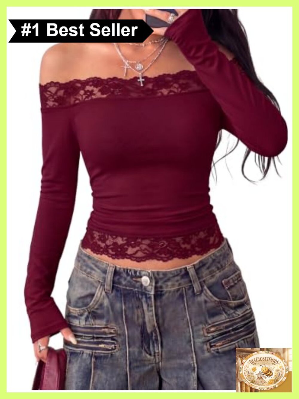 Lace Off Shoulder Long Sleeve Crop Top Ribbed Knit Going Out Top